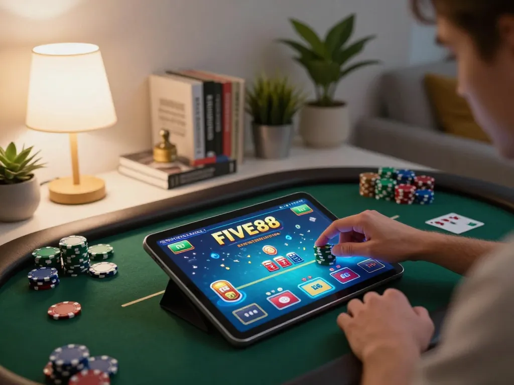 Engaging in a FIVE88 online poker game while managing chips and strategy notes at home