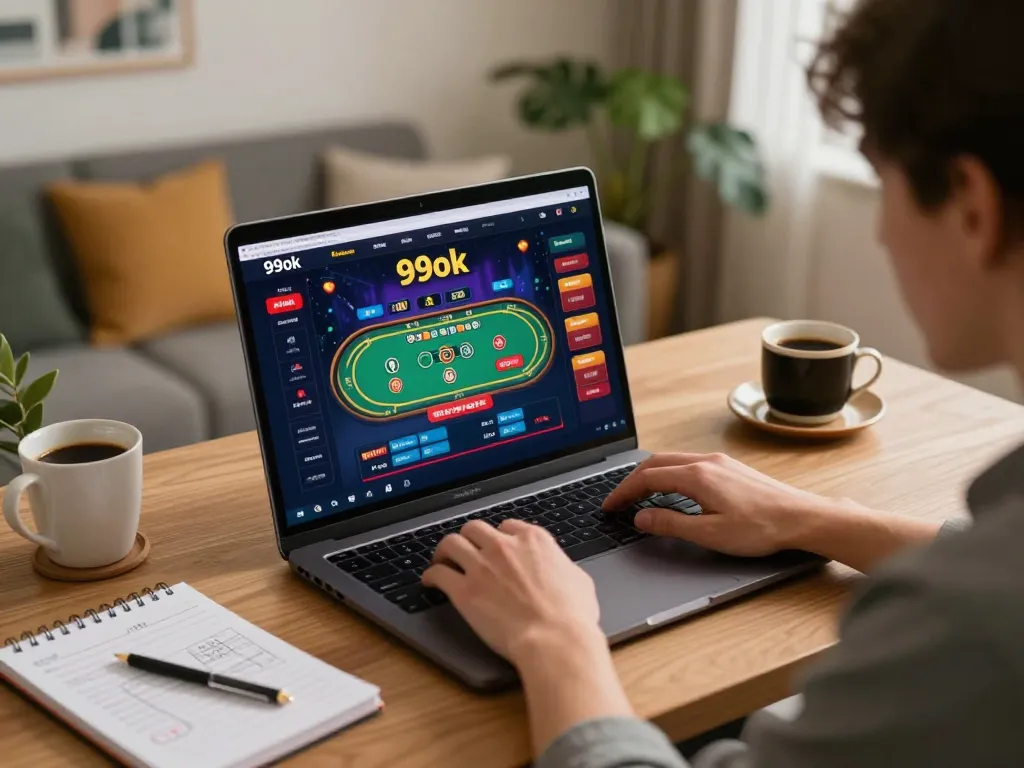 Engaged user playing interactive 99ok casino games on laptop from home, highlighting online gaming excitement.