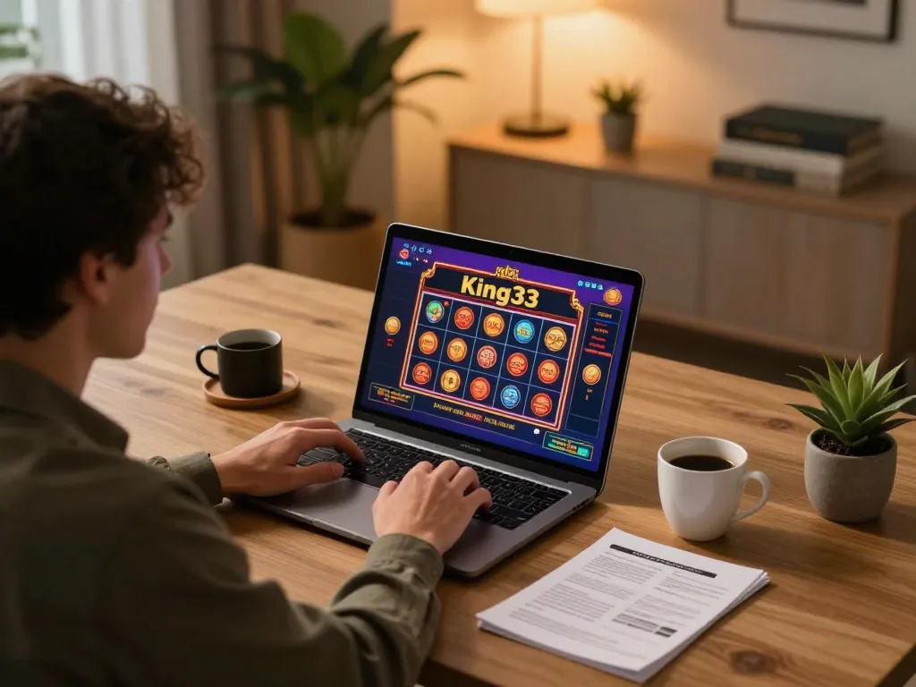 Player engaging with king33 online slots on a laptop in a stylish home office