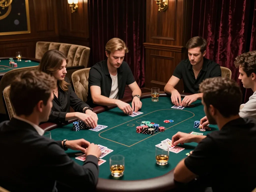 Nohu90 players strategizing in a luxury poker room with focused gameplay