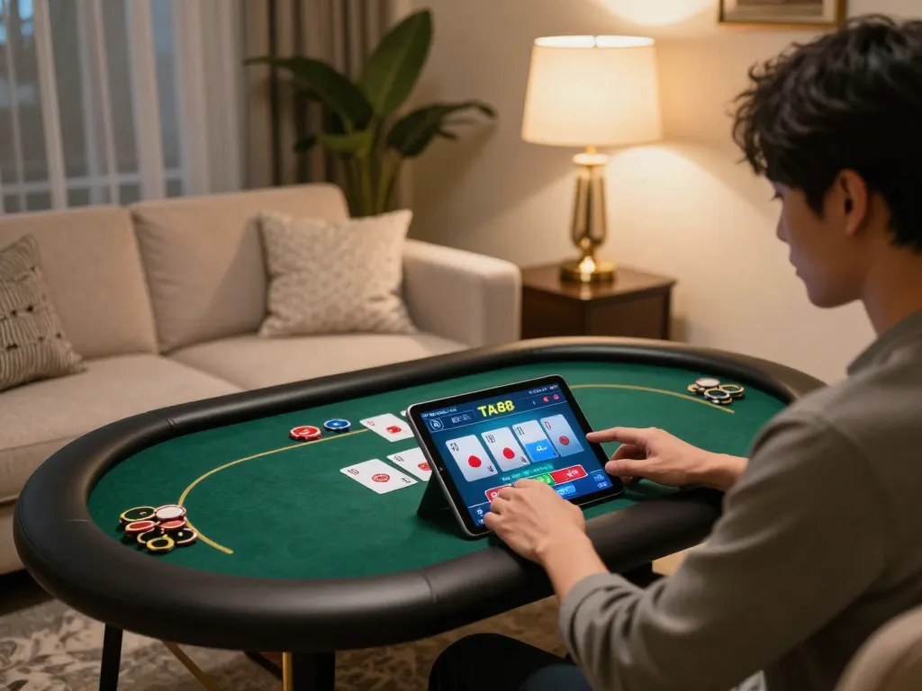 Experience thrilling online gambling with TA88 as players enjoy poker games on a tablet in a cozy home setup.