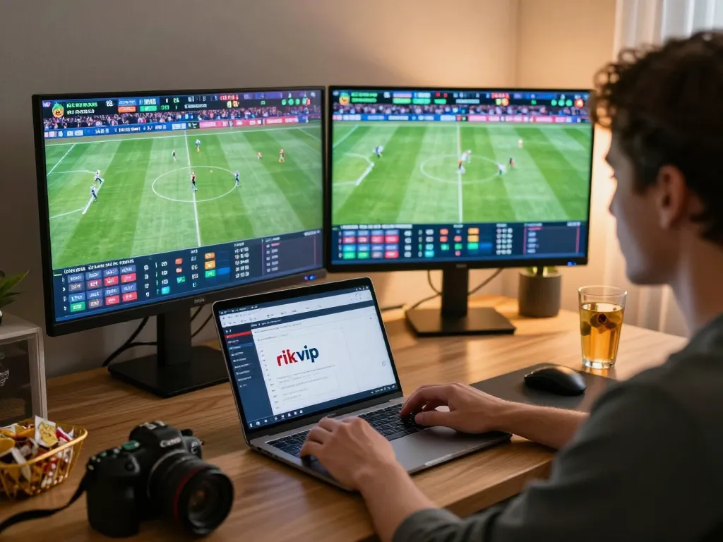 Engaging in live sports betting on rik vip using laptop in a cozy home office