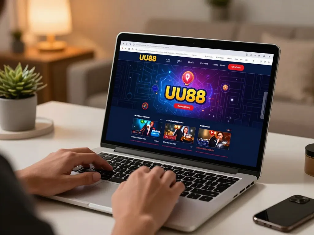 Engaging scene of online gaming at UU88, showcasing a player using a laptop for betting.