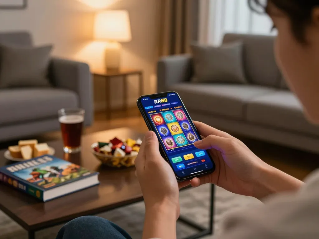 Person enjoying RR88 mobile app for online gaming in a cozy living room setting
