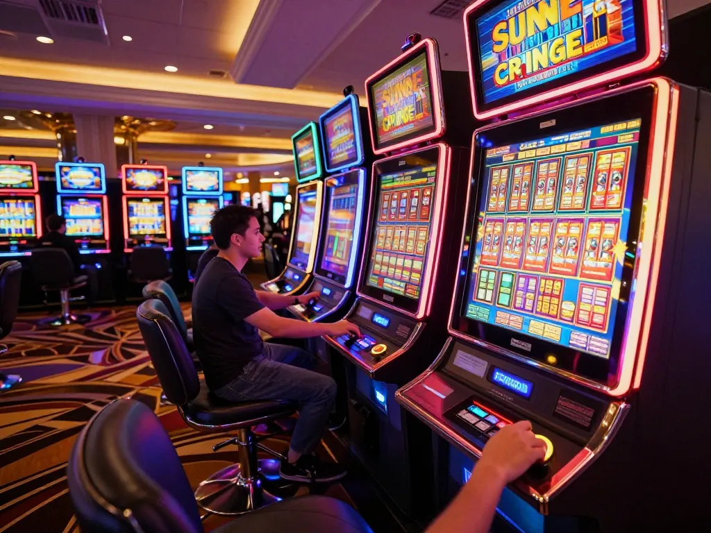 Player eagerly spins the reels on a slot machine in a vibrant casino atmosphere.