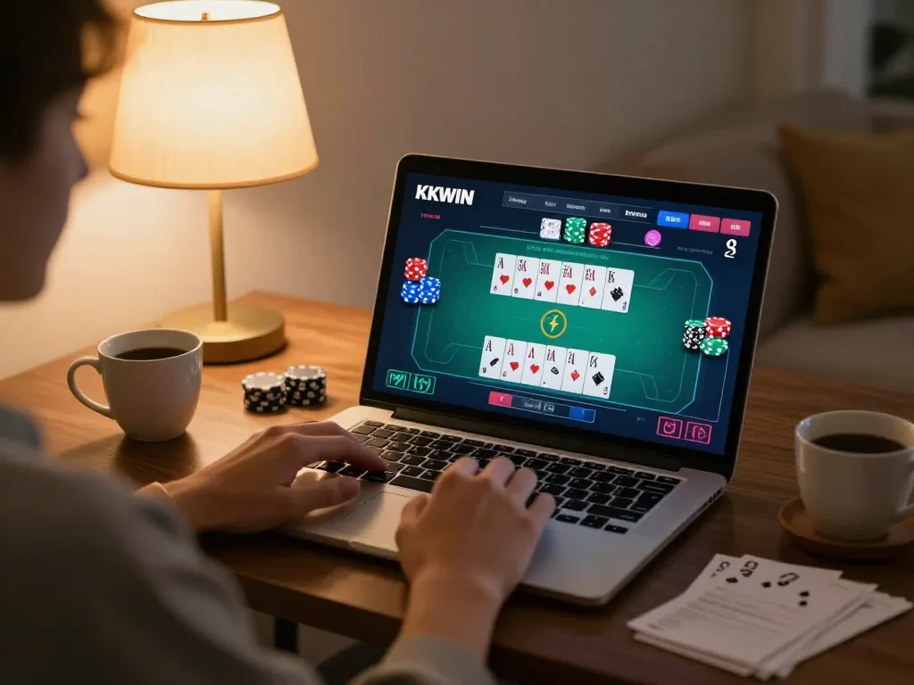 Engaging online gambling experience at KKWIN with poker gameplay on laptop in a cozy home setting