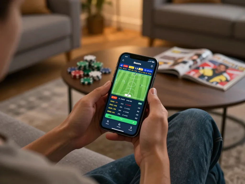 KÈO TRỰC TUYẾN sports betting moment with user placing live bets via smartphone app.