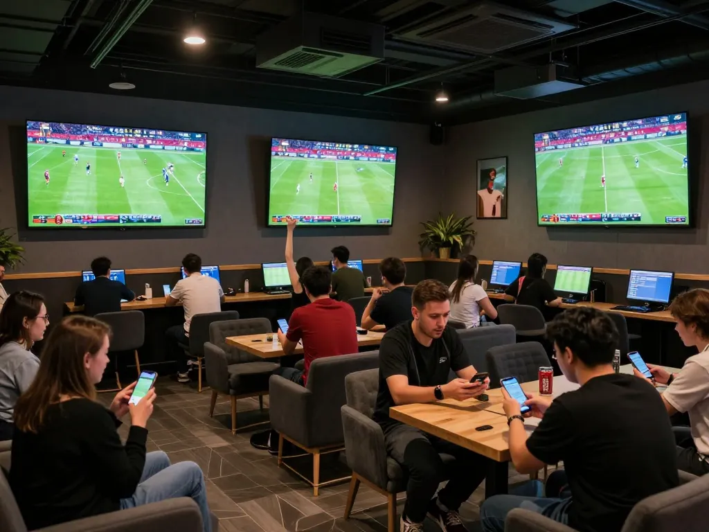 Bongdalu sports fans placing bets on soccer matches in a lively betting lounge