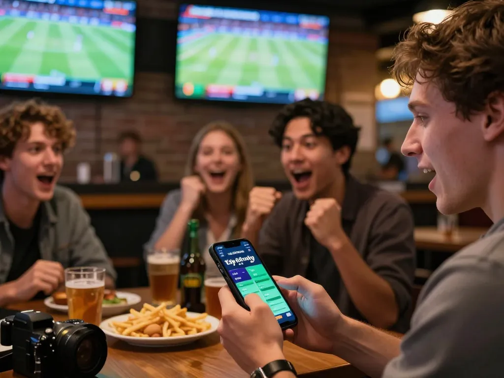 Check tỷ lệ kèo nhà cái hôm nay using a smartphone at an energetic sports betting bar.
