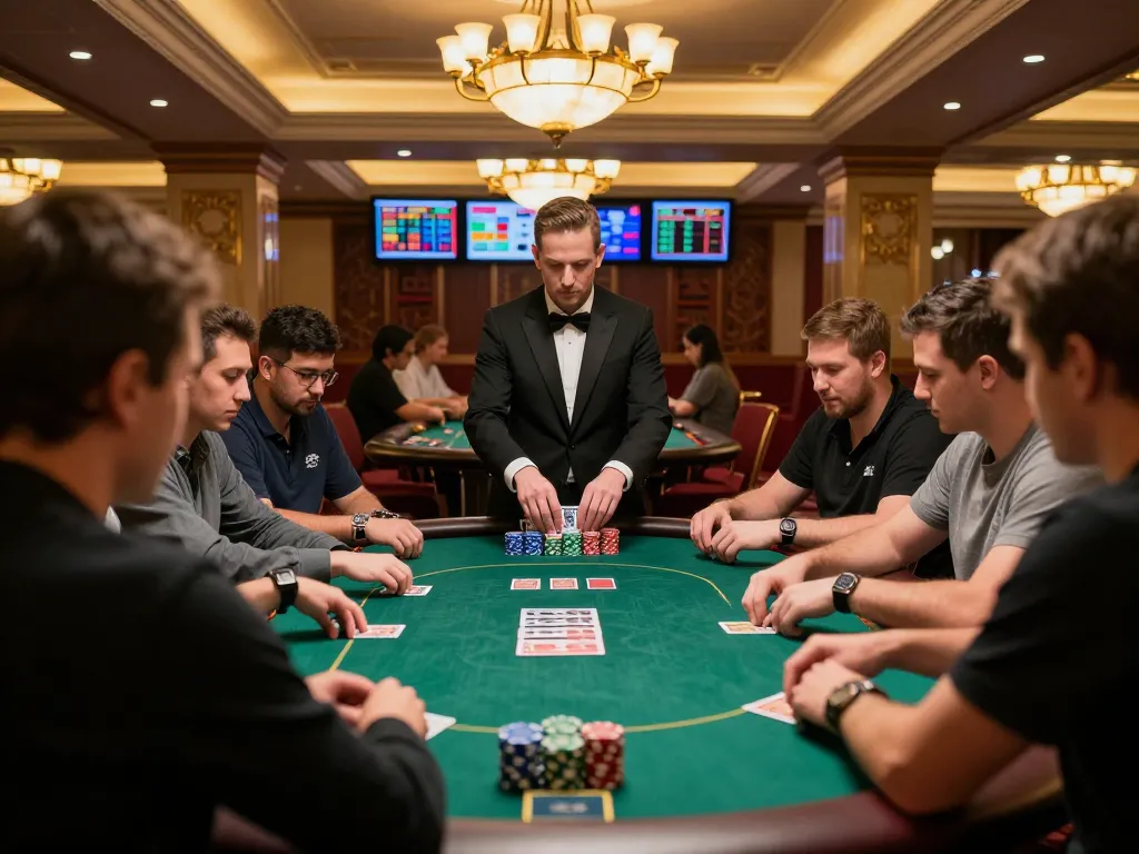 okfun players strategizing in a high-stakes poker game with professional dealer