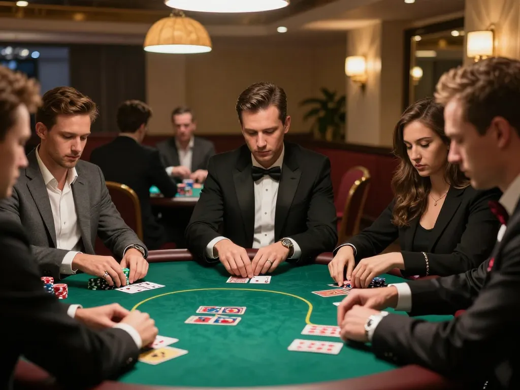 BETWIN4D players focusing on cards in a high-stakes poker game with vibrant atmosphere.