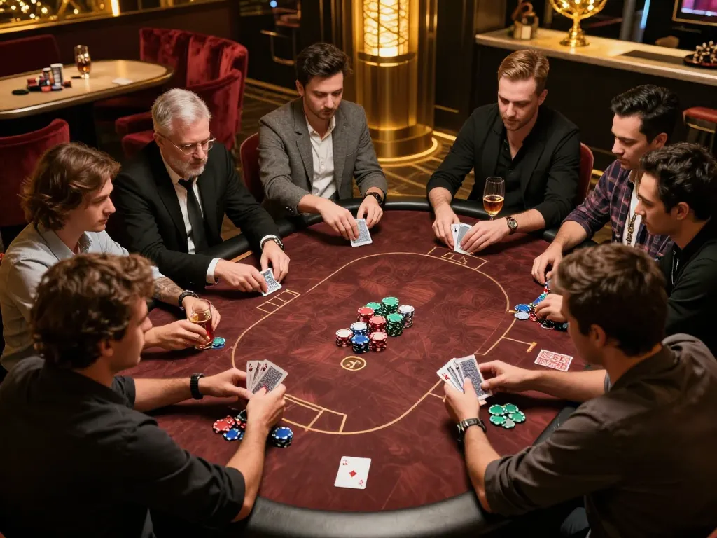 VIPWin poker players strategizing with high-stakes chips in an opulent room