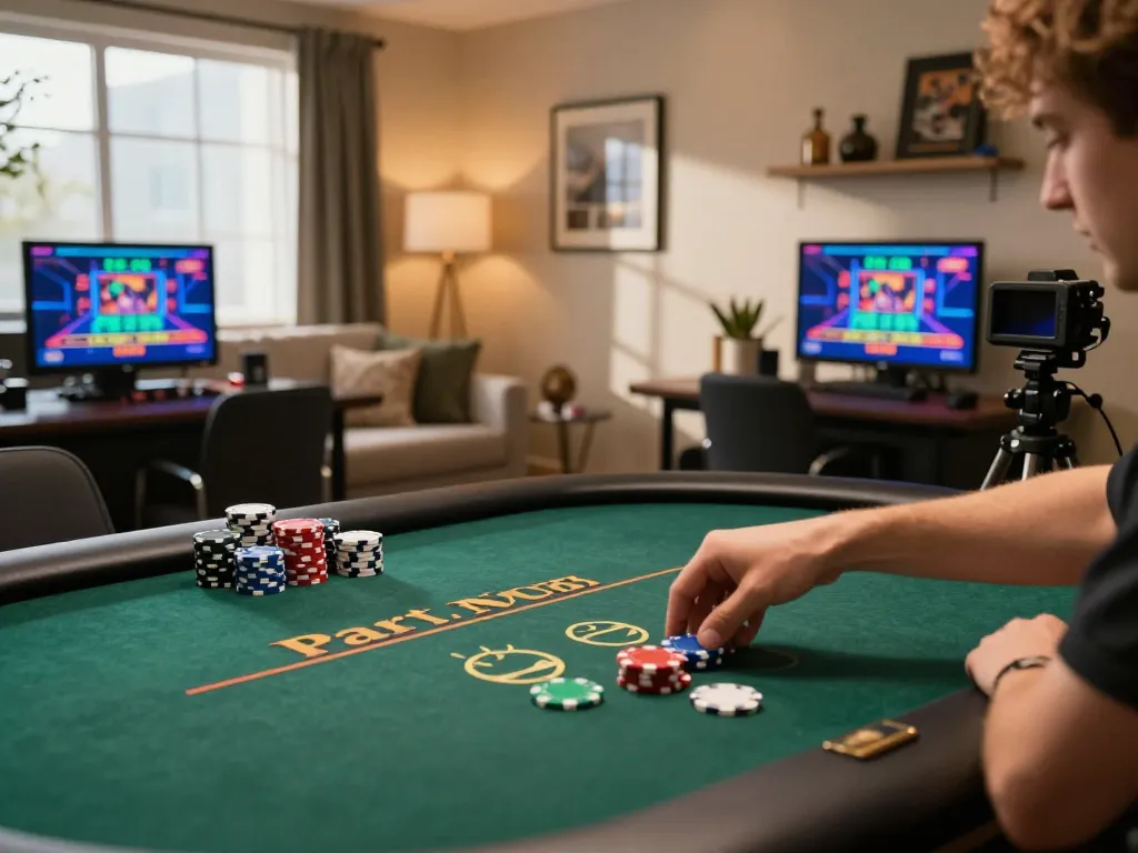 Iwin gaming setup with player enjoying live poker on multiple screens, showcasing excitement and strategy.
