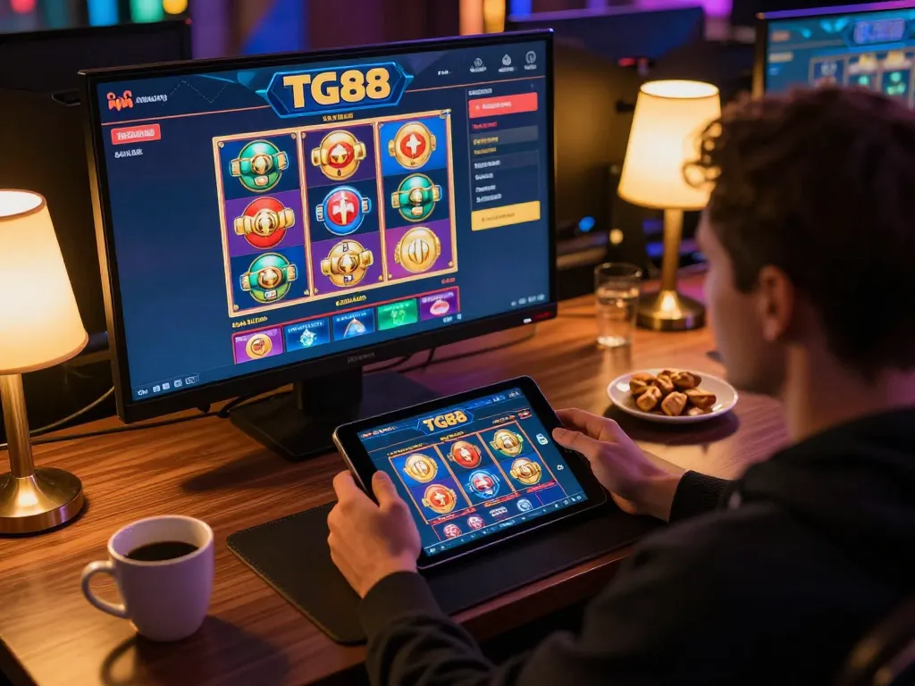 Player enjoying online gaming on tg88 platform at home, displaying engaging interface and cozy setup