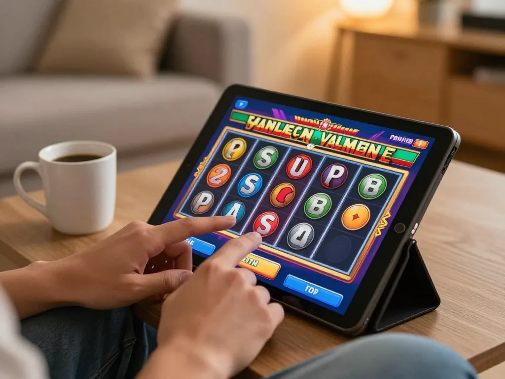 Player spins slot reels on a tablet in a cozy living room, symbolizing engaging online gaming.