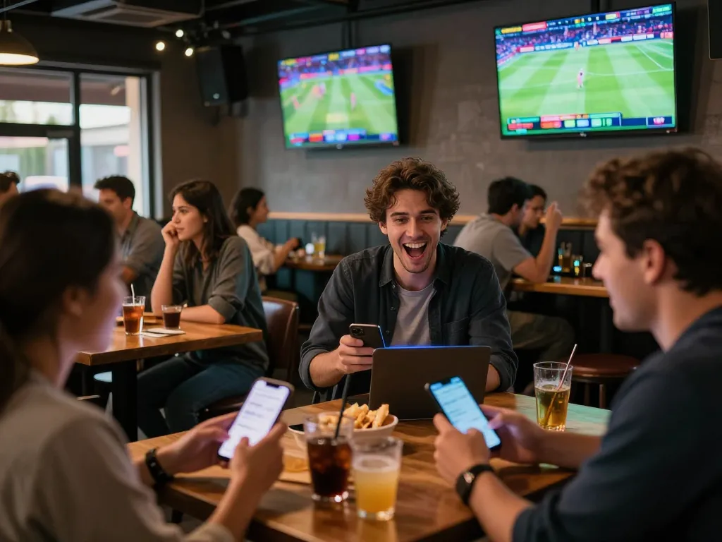 KÈO TRỰC TUYẾN engaging users at a sports bar, with excited patrons placing bets on smartphones.