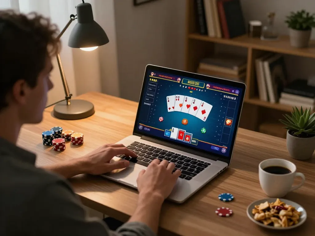 Engaging poker gameplay on laptop showcasing sc88 gaming experience in a cozy home office setting.