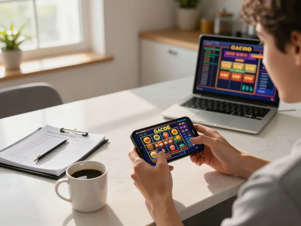 Engaging gameplay on Slot Gacor mobile app, person using smartphone at home with strategy notes visible.