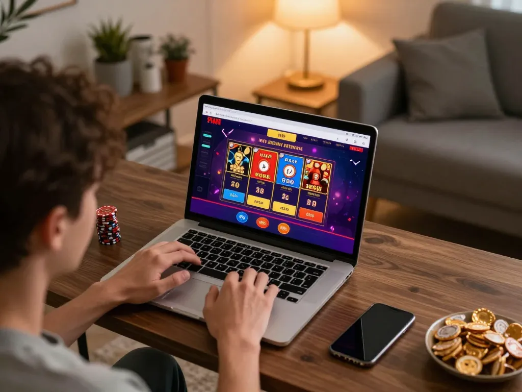Player enjoying hitclub online casino gaming on laptop with vibrant game interface, enhancing gameplay experience.