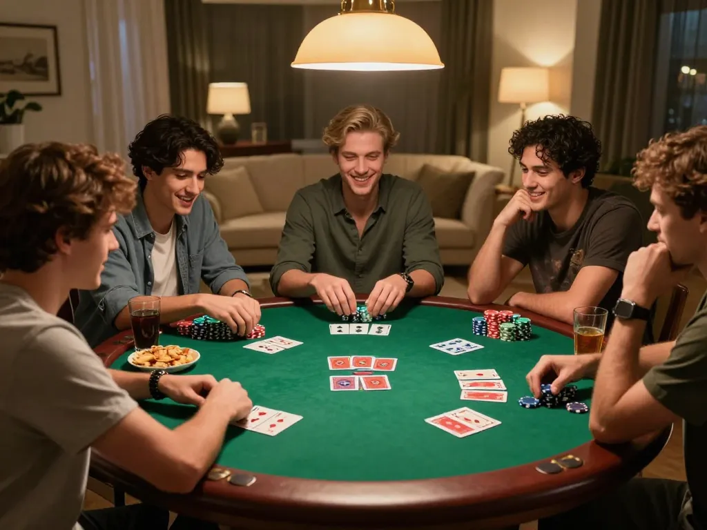 Exciting poker night at home, showcasing friends enjoying upintogel gaming experience around a green felt table
