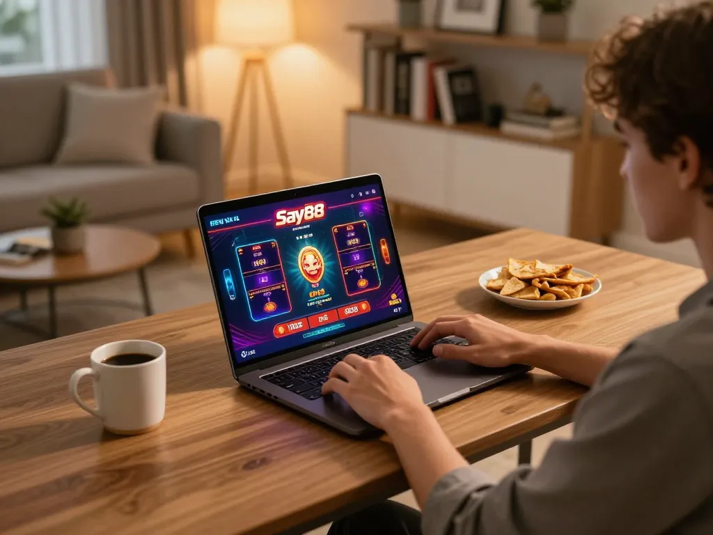 Experience Say88 online gaming on a laptop in a cozy home setting with snacks and warm lighting.