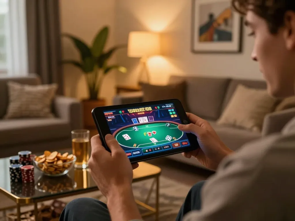 Experience llwin with engaging online poker gameplay in a cozy living room setting.