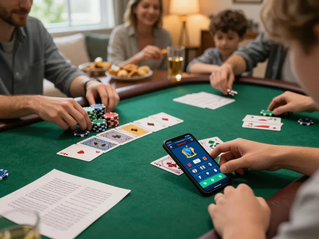 Xổ số mb66 excitement in a cozy home poker game setup with vibrant cards and chips.
