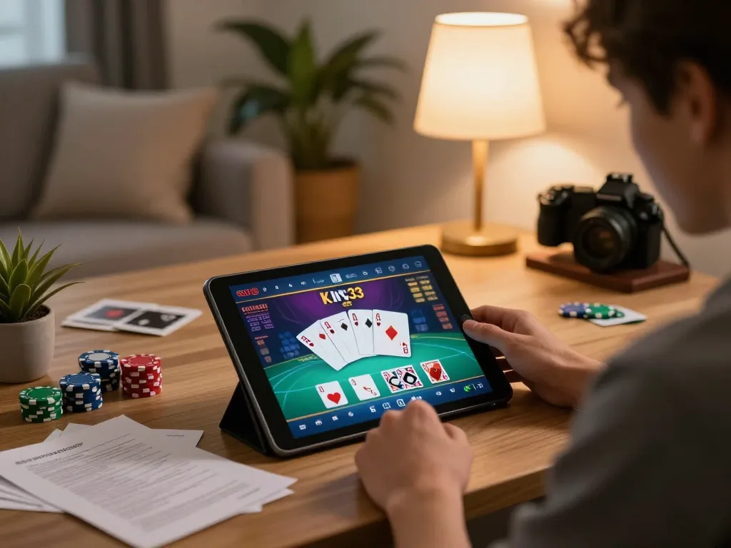 Engaging player using king33 app for online poker in a cozy home setting, showcasing strategic gameplay and comfortable ambiance.