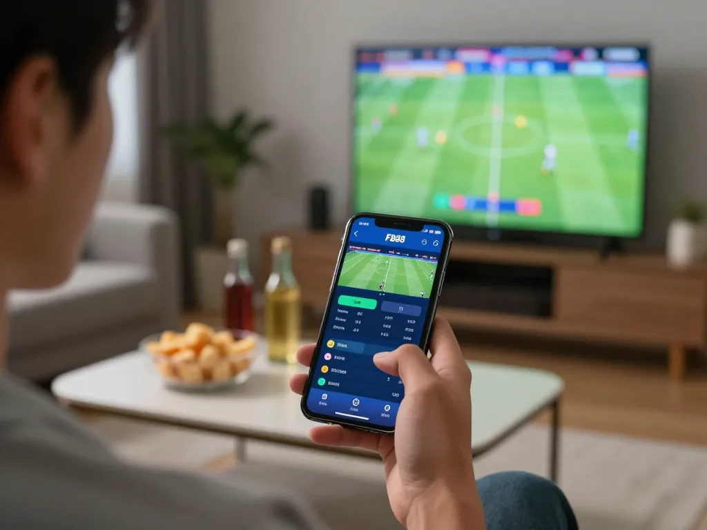 Engaging in online sports betting at home with FB88 app on smartphone during a live football match.