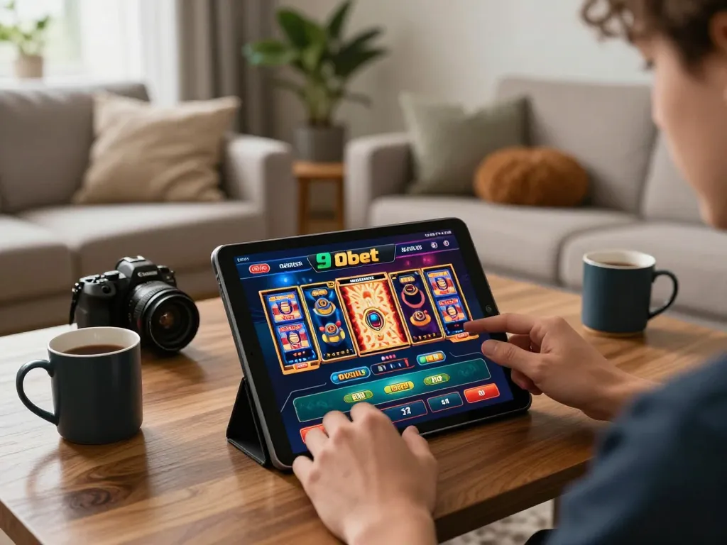 Engaging with 9bet casino app on tablet showcasing exciting slot machines and live games in a cozy atmosphere.