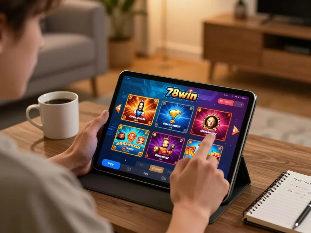 Engaging with the 78win casino app on a tablet, highlighting dynamic game graphics and strategic gameplay.