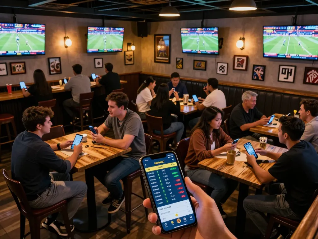 Engaging scene of patrons using mobile devices to place bets, exploring tin soi kèo updates at a lively sports bar.