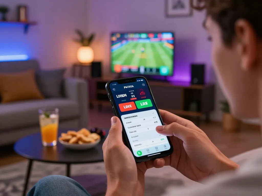PHTAYA user excitedly checks live sports odds on smartphone for betting.