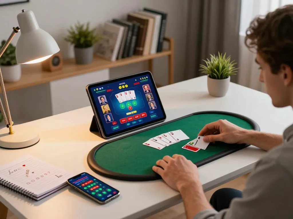Player strategizing on 8xbet poker game using tablet in a cozy home office.