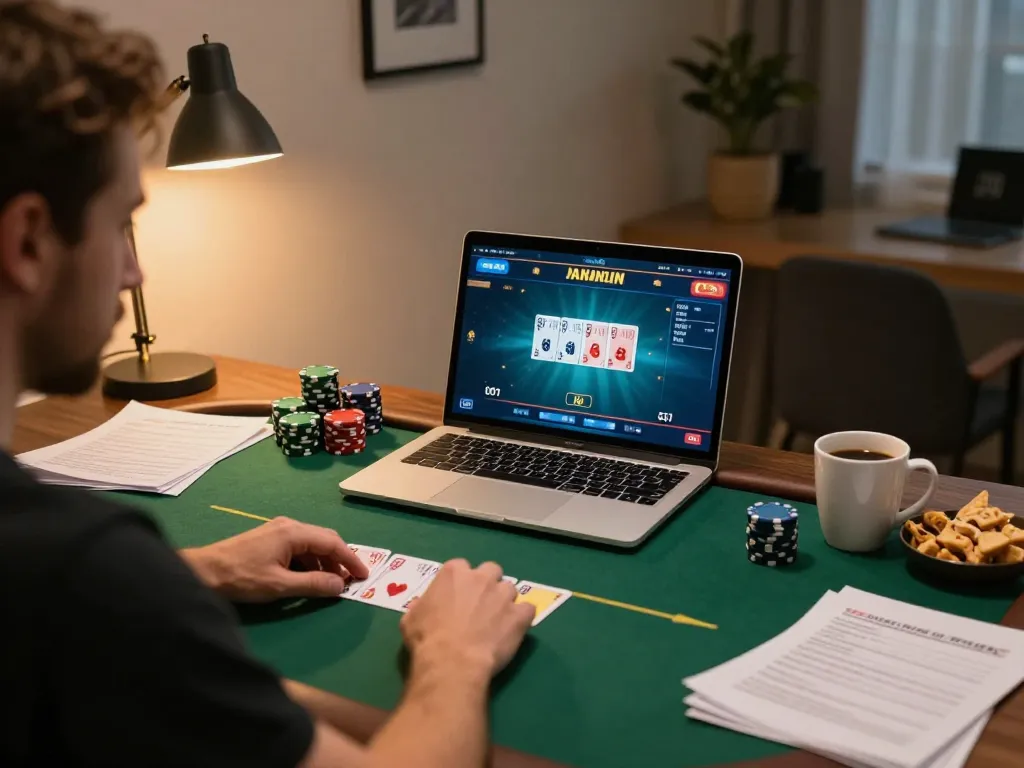 Engaged player winning at poker online with 789 strategies and notes in cozy home setup