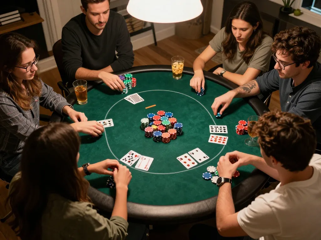 Friends enjoying a poker game at home, showcasing strategic gameplay, tr 88 excitement in an engaging atmosphere.