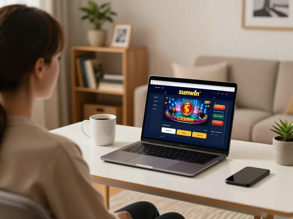 Engaging online casino gaming experience with sunwin on a laptop in a cozy living room setting.