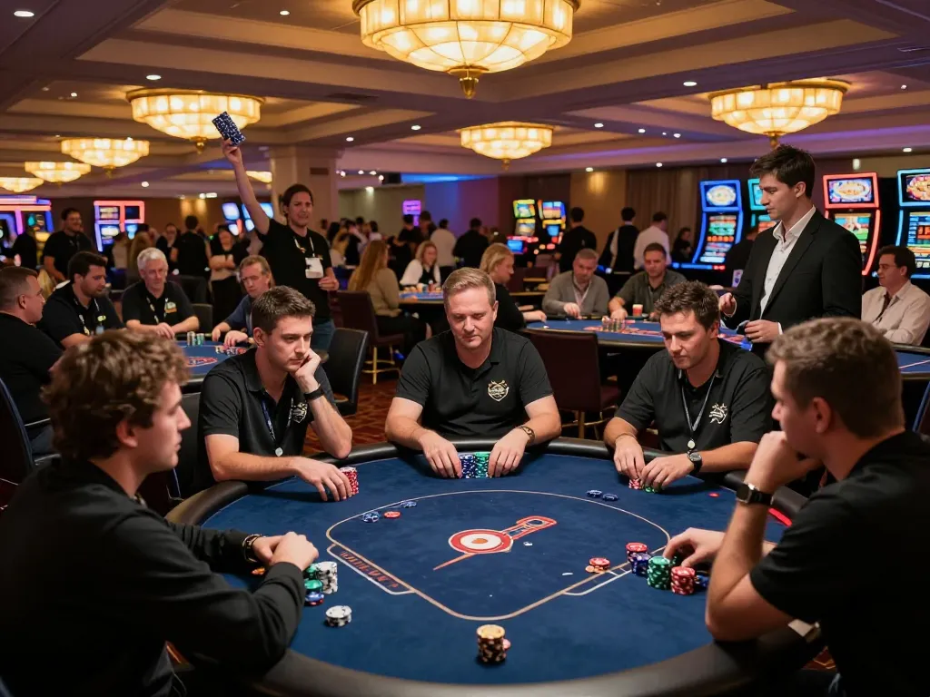 Players at a busy casino poker tournament with tx88 chips stacked high, showcasing strategy and excitement.