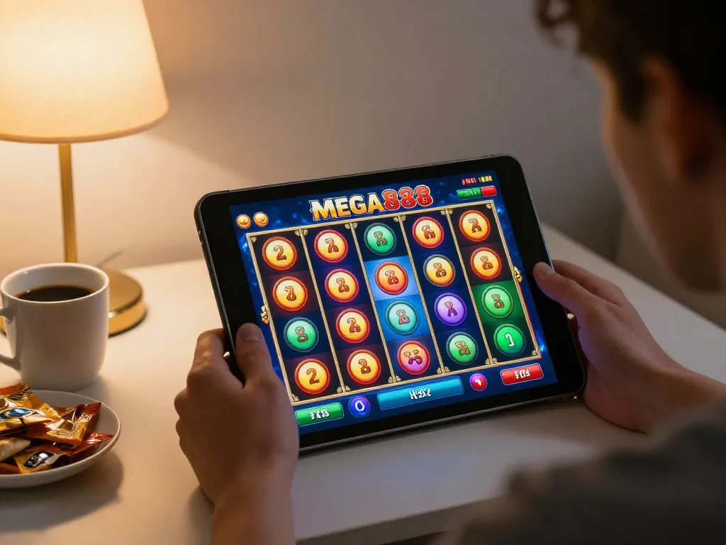 Engaging player enjoying free credit mega888 slots on tablet in cozy home environment