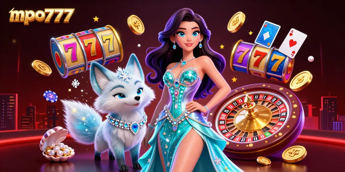 Experience mpo777's thrilling casino atmosphere with dynamic slot reels and a glamorous arctic fox companion