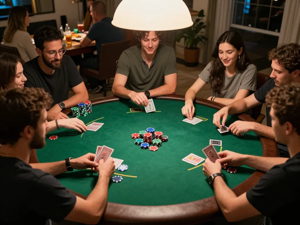 Friends enjoy a lively poker game at home, strategically playing Texas Hold'em with chips and cards visible, UGDEWA.