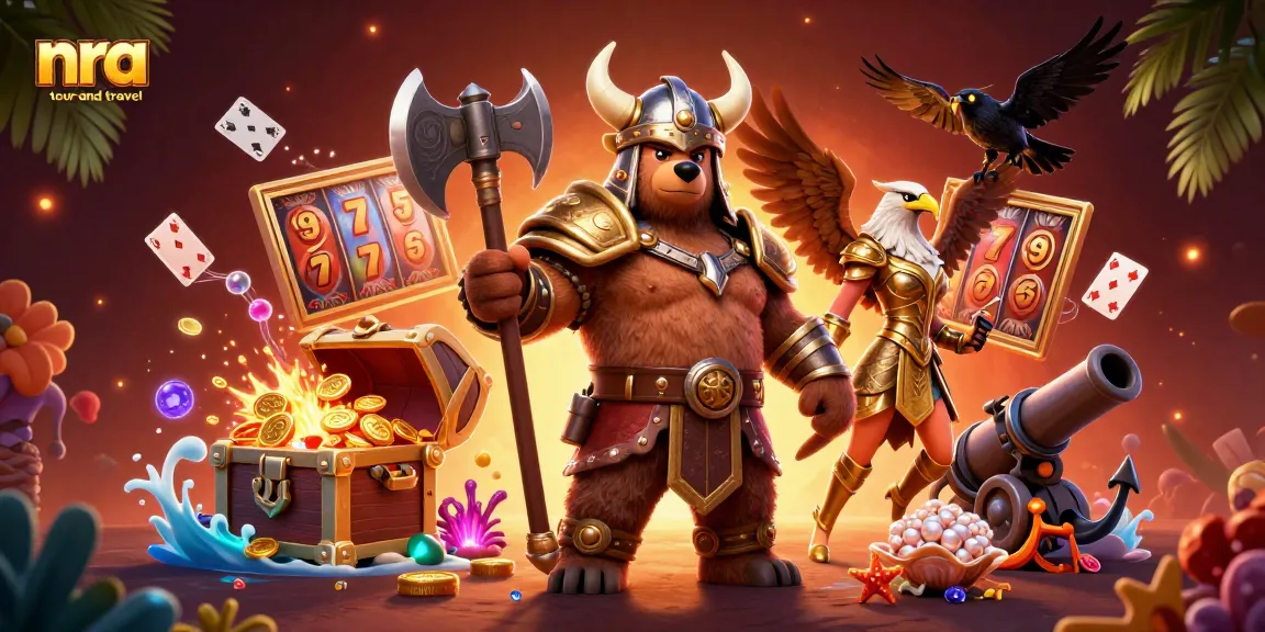 NRA Tour and Travel fans enjoy thrilling gameplay with Viking themes and colorful slot elements in a vibrant scene.