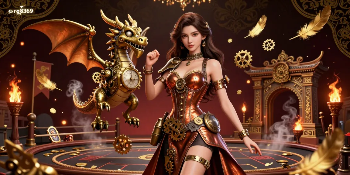 Engage in thrilling gameplay with rg8369 featuring a captivating woman in steampunk style and a clockwork dragon.
