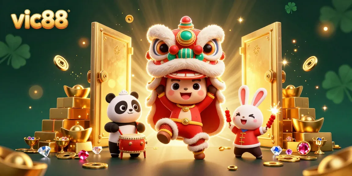 Experience thrilling gameplay with vic88 as cute characters celebrate in a vibrant 3D casino scene.