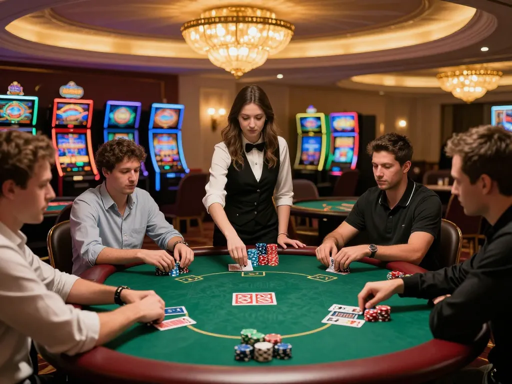 iWin poker players engage intensely at a luxury casino table with a professional dealer.