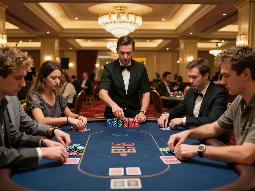Players engaging in an intense poker game at 11-hd with colorful chips and focused expressions creating an exciting atmosphere.