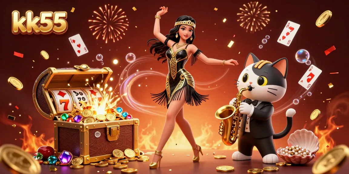 Experience thrilling gameplay with kk55's vibrant casino scene featuring animated characters and dazzling gaming elements.