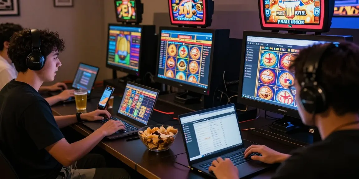 Engaged players enjoying pajaktoto online slot games in a dynamic gaming atmosphere at home.