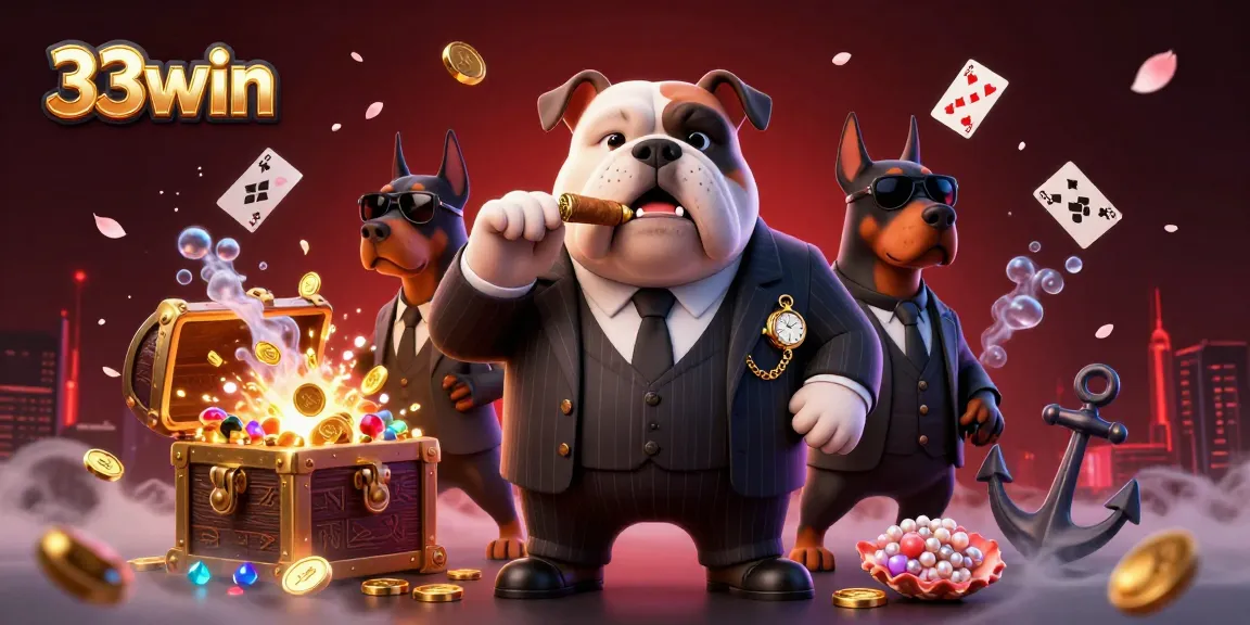 Engage in thrilling games with 33win, featuring a 3D mafia dog and dynamic casino elements.