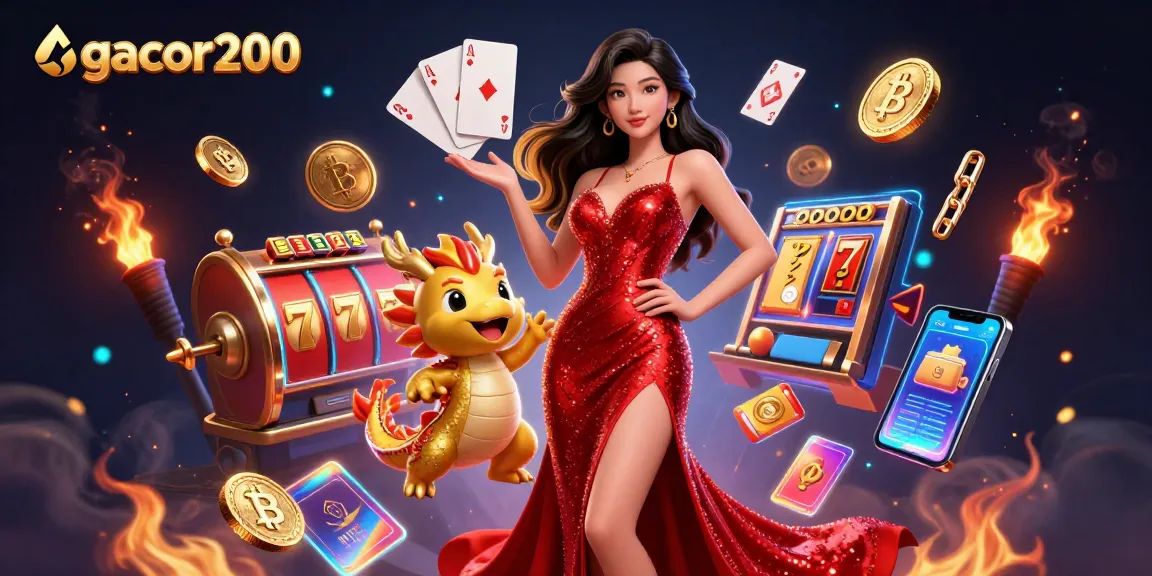 Engage with gacor200's vibrant casino scene featuring a confident woman and dynamic gaming elements.